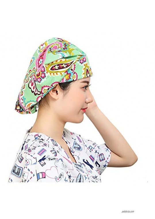 Cascacy 2 Pack Women's Adjustable Cotton Bouffant Cap Working Hats with Sweatband Multi Color (Set 03)