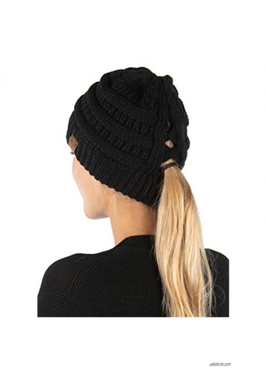 Funky Junque Criss Cross Hat Womens Beanie Tail Messy Bun High Ponytail Knit Cap