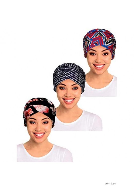 Geyoga 3 Pieces Women Turban with Buttons Headwrap Pre-Tied Bonnet Beanie Hat Sleeping Cap