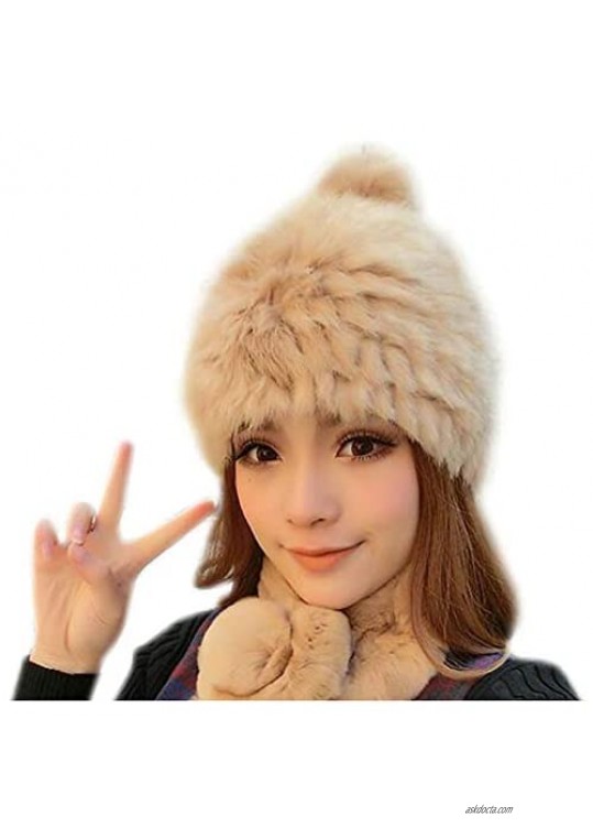 Joyci Solid Color Natural Rabbit Fur Hats Fur Pom Pom Beanie Warm Caps