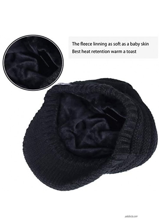 PGTen Women Knit Messy Bun Ponytail Visor Beanie Hat – Fleece Linning