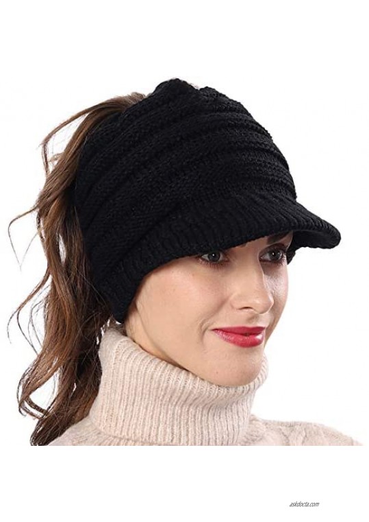 PGTen Women Knit Messy Bun Ponytail Visor Beanie Hat – Fleece Linning