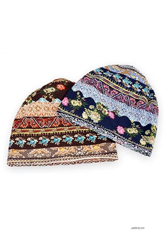 Proboths 2 Pack Floral Lace Beanie Hat Soft Chemo Cap Slouchy Turban Headwear Turban Knitted hat for Women