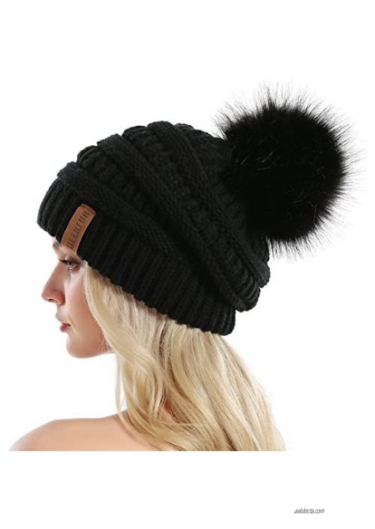 QUEENFUR Women Knit Slouchy Beanie Chunky Baggy Hat with Faux Fur Pompom Winter Soft Warm Ski Cap