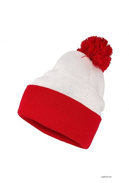 Red White Pom Pom Cuff Knit Beanie Hat