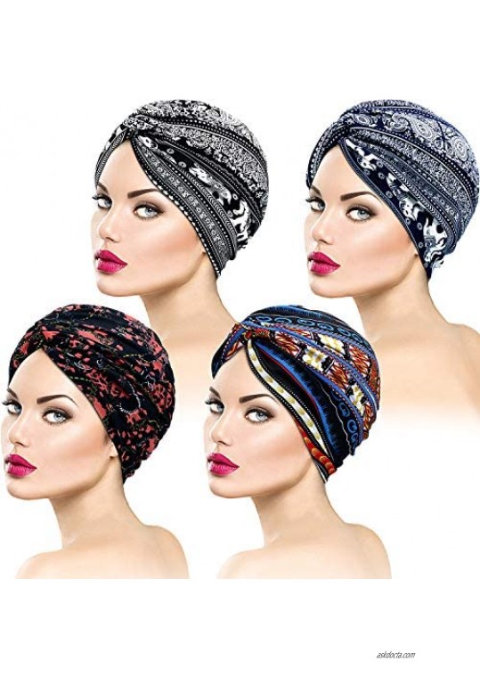 SATINIOR 4 Pieces Turban Hat for Women Soft Pre Tied Knot Fashion Pleated Turban Cap Beanie Headwrap Sleep Hat 4 Pattern