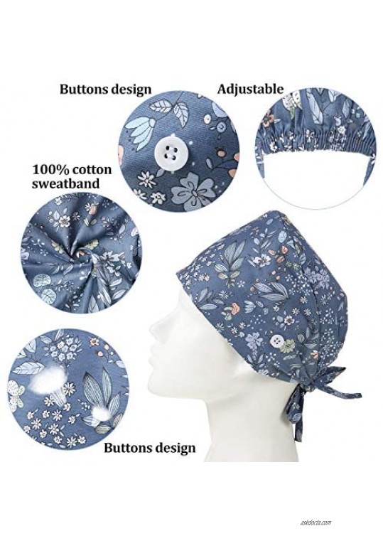 SATINIOR 9 Pieces Bouffant Hat with Button Adjustable Tie Back Hats Printed Caps Hair Cover for Women Men