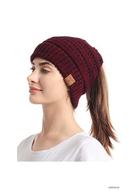 Soul Young Ponytail Messy Bun Beanie Tail Knit Hole Soft Stretch Cable Winter Hat for Women