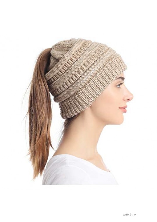 Soul Young Ponytail Messy Bun Beanie Tail Knit Hole Soft Stretch Cable Winter Hat for Women