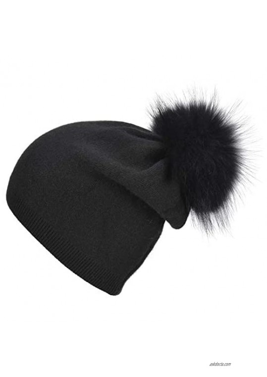 Thick Double Layer Cashmere Beanie - Big Real Raccoon Fur Pom Pom Hat - Winter Slouchy Beanie Women Pom Pom Beanie Ski Hat