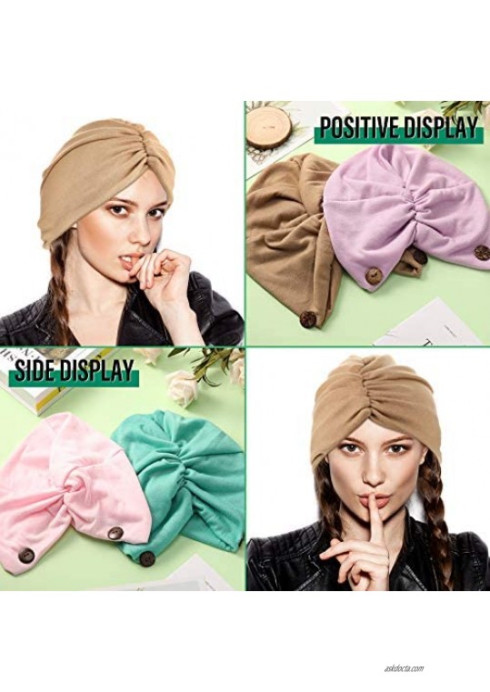 Turbans with Buttons Women Soft Pre-Tied Knot Pleated Turban Cap Beanie Head Wrap Sleep Hat (Green Khaki Light Purple Light Pink 4)