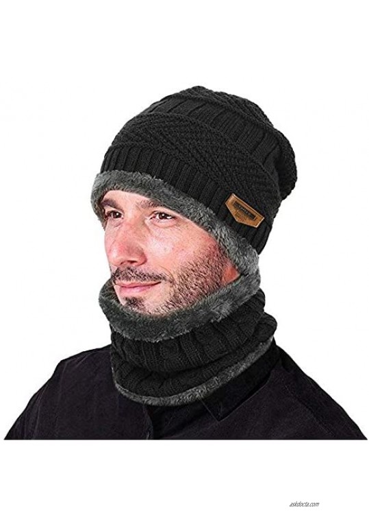 Winter Beanie Hat Scarf Set Fleece Liner Warm Knit Hat Thick Knit Skull Cap Outdoor Sports Hat Sets for Men Women