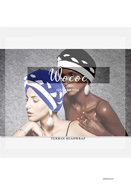 Woeoe African Turban India's Hat Black Stretch Head Scarf Soft Elastic Head Wrap Short Braid Beanie Cap Headwear for Women and Girls(2 Packs)