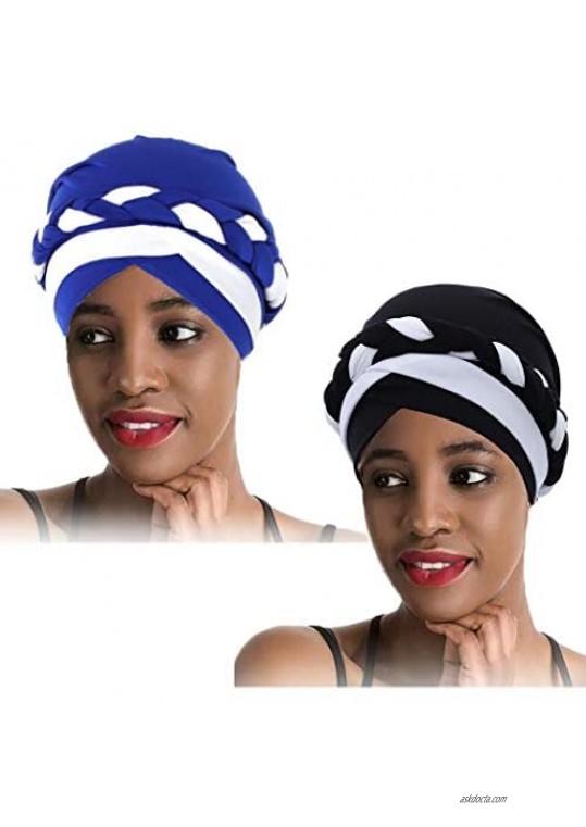 Woeoe African Turban India's Hat Black Stretch Head Scarf Soft Elastic Head Wrap Short Braid Beanie Cap Headwear for Women and Girls(2 Packs)