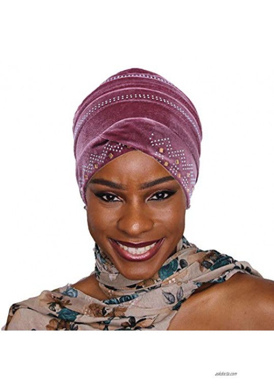 Woeoe Soft African Head Wrap Pink Crystal Beanie Cap Headwear Stretch Rhinestones Head Scarf Velvet Elastic Turban India's Hat for Women and Girls