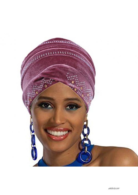 Woeoe Soft African Head Wrap Pink Crystal Beanie Cap Headwear Stretch Rhinestones Head Scarf Velvet Elastic Turban India's Hat for Women and Girls