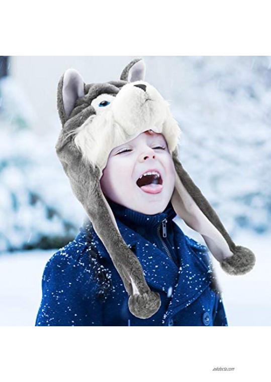 Wolf Plush Hat Winter Short Timber Wolf Hat Animal Ski Hat with Fleece Lining