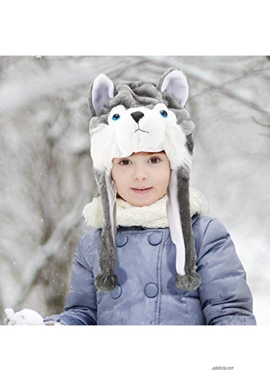 Wolf Plush Hat Winter Short Timber Wolf Hat Animal Ski Hat with Fleece Lining