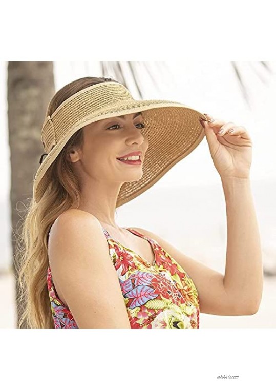 2 PCS Women's UPF 50+ Wide Brim Roll-up Straw Sun Hat Summer Sun Visor Cow Pattern Bucket Hat for Women Men Brown