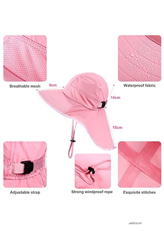 2 Pieces Kids Girls Sun Hats with Neck Flap Wide Brim UV Sun Protection Summer Hats Adjustable Beach Fishing Caps Neck Cover Flap Mesh Hat for Outdoor Sports