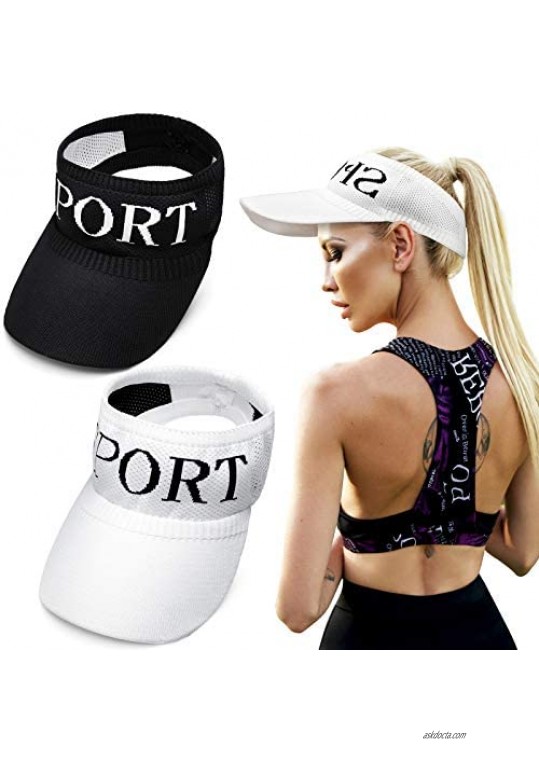 2 Pieces Knitted Sun Visor Hat Wide Brim Sun Hats Roll-up Foldable Elastic Sports Hat Empty Top Quick Drying UV Protection Hat for Golf Riding Beach Hiking White and Black