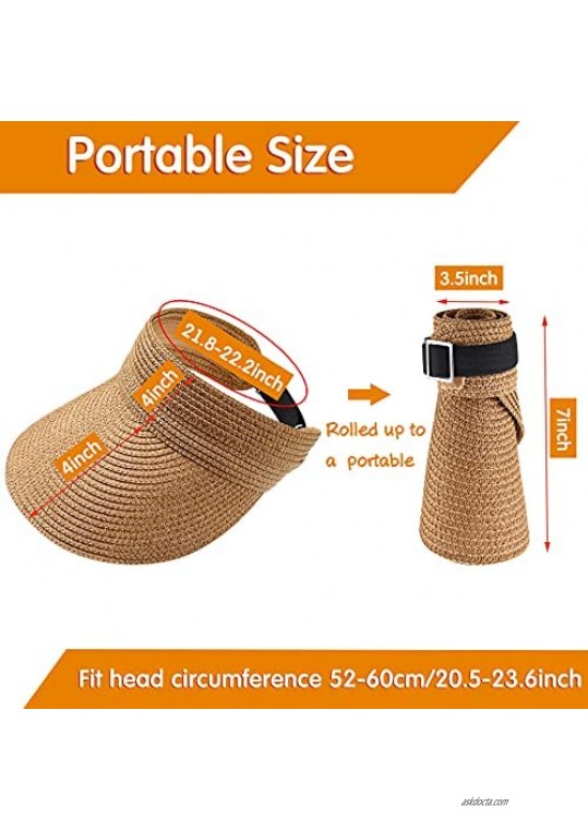 2 Pieces Sun Visor Hats for Women Girls Wide Brim Straw Roll-up Ponytail Summer Beach Hats Packable Foldable Travel Hat Visors for Outdoor Sports Camping Hiking Black Camel