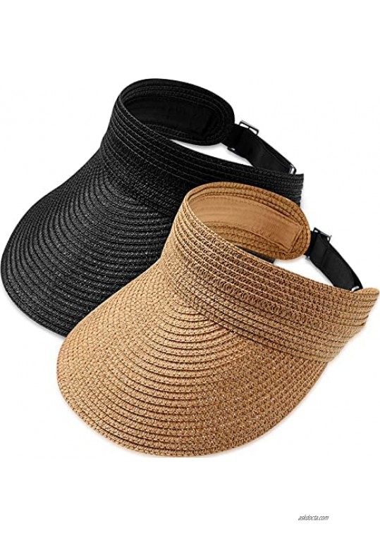 2 Pieces Sun Visor Hats for Women Girls Wide Brim Straw Roll-up Ponytail Summer Beach Hats Packable Foldable Travel Hat Visors for Outdoor Sports Camping Hiking Black  Camel