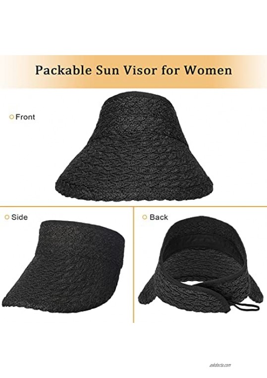 2 Pieces Women's Wide Hats Foldable Straw Golf Sun Visor Hat 2 Colors Black Beige