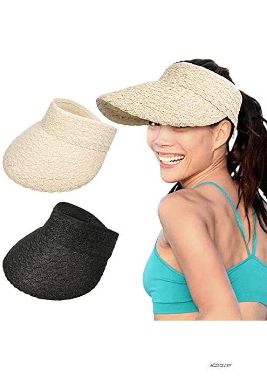2 Pieces Women's Wide Hats Foldable Straw Golf Sun Visor Hat 2 Colors Black Beige