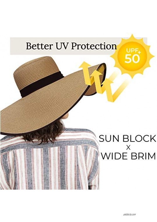 accsa Womens Wide Brim Floppy Sun Hats 6 Inch Oversized Brim Straw Hats Summer Beach Black Band Foldable Sun Protection