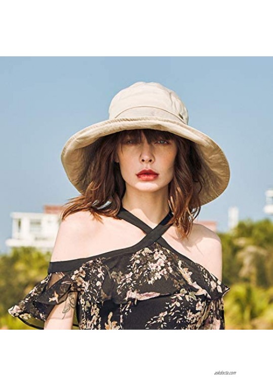 CACUSS Women's UPF 50+ Summer Sun Hats Cotton Beach Hat Packable 15cm Large Brim with Neck Protection Chin Strap Size M/L
