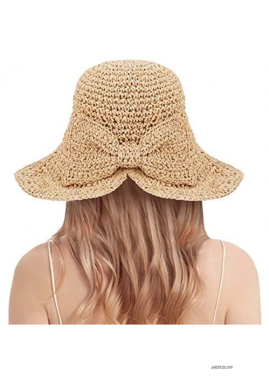 Floppy Beach Straw Sun Hat for Women UPF UV Protection Large Wide Brim Bowknot Summer Hat for Vacation Fishing Travel