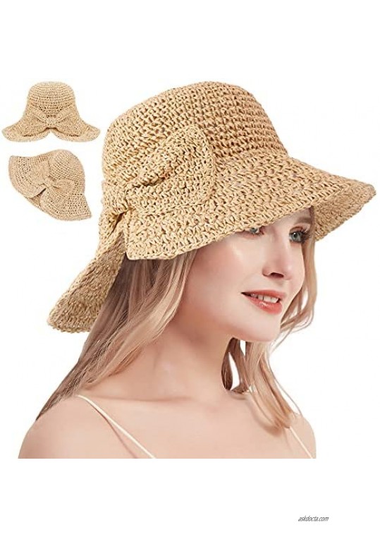Floppy Beach Straw Sun Hat for Women UPF UV Protection Large Wide Brim Bowknot Summer Hat for Vacation Fishing Travel