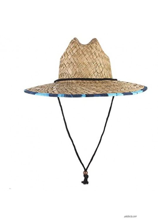 GEMVIE UPF 50+ Straw Lifeguard Hat Unisex Straw Sun Hat Printed Wide Brim Summer Beach Straw Fedora Cap Outdoor Fishing Hat
