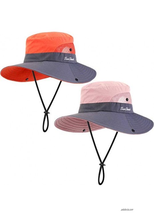 Geyoga 2 Pack Sun UV Protection Hat Mesh Wide Brim Sun Hat Outdoor Foldable Beach Hiking Fishing Summer Hat 56-58 cm (Pink and Orange)
