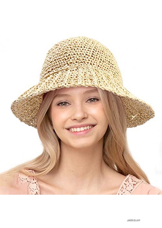 HZEYN Summer Hats for Women Raffia Straw Woven Wide Brim Bucket Hat Foldable Sun Hat Beach Accessories Sun Protective UPF 50+
