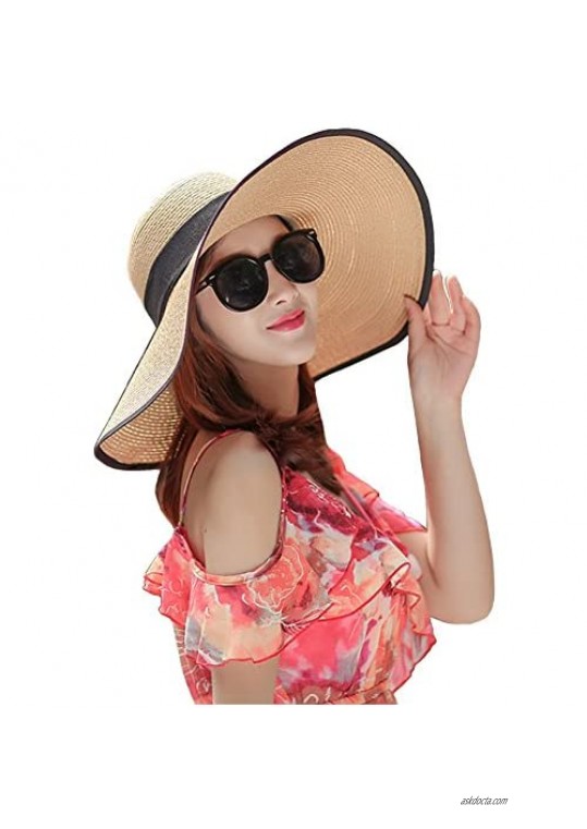 Itopfox Women's Beach Hat Wide Brim Sun Hat Big Bowknot Straw Hat Floppy Roll up Beach Cap
