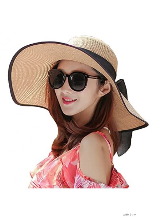 Itopfox Women's Beach Hat Wide Brim Sun Hat Big Bowknot Straw Hat Floppy Roll up Beach Cap