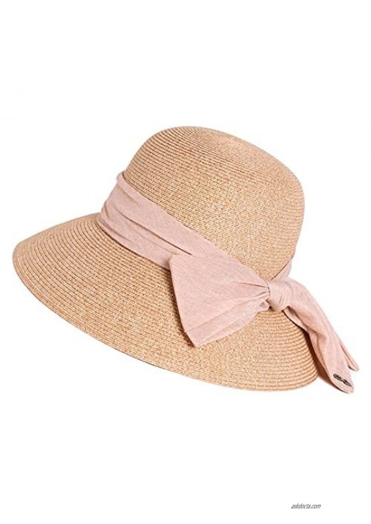 Jeff & Aimy Straw Sun hat for Women UPF 50 Wide Brim Travel Foldable Summer Beach Hat Khaki