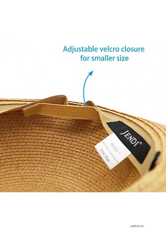 JENDI Womens Wide Brim Straw Panama Sun Hat Foldable/Packable Beach Fedora Sun Hat for Summer UV Protection UPF50+ Adjustable