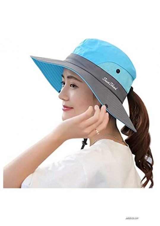 KPWIN Sun Hats for Women  Women's Ponytail Bucket Hat Outdoor UV Protection Foldable Mesh Wide Brim Beach Fishing Hat