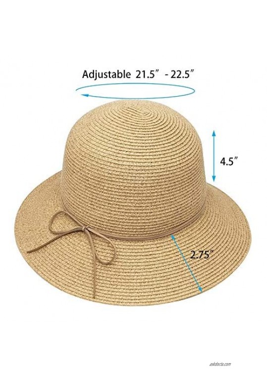 MORSTYLE Women Foldable Straw Bucket Cloche Summer Sun Beach Hat Packable Adjustable UPF50+