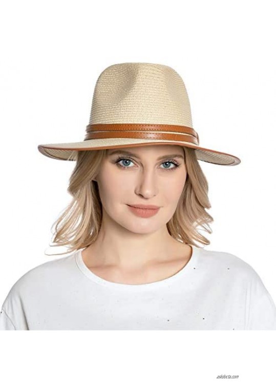 Mukeyo Womens Classic Wide Brim Straw Panama Hat Fedora Summer Beach Sun Hat UPF50+