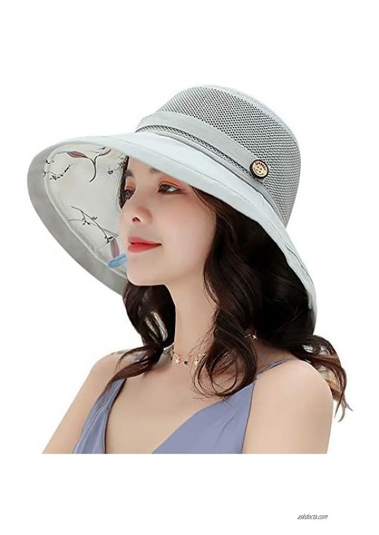Summer Mesh Sun Hats for Women Lightweight Beach Hat UPF50+ Packable Wide Brim Bucket Hat with Chin Strap