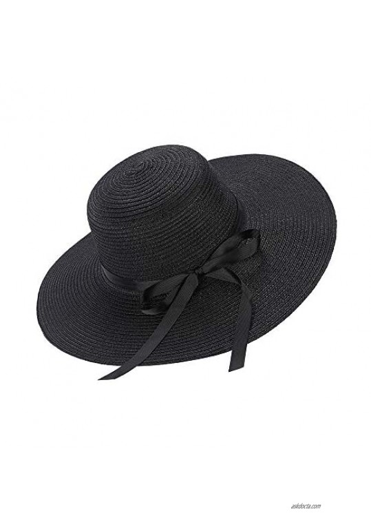 Sun Hats for Women Large Wide Brim Bowknot Straw Beach Hat UPF UV Floppy Foldable Packable Cap