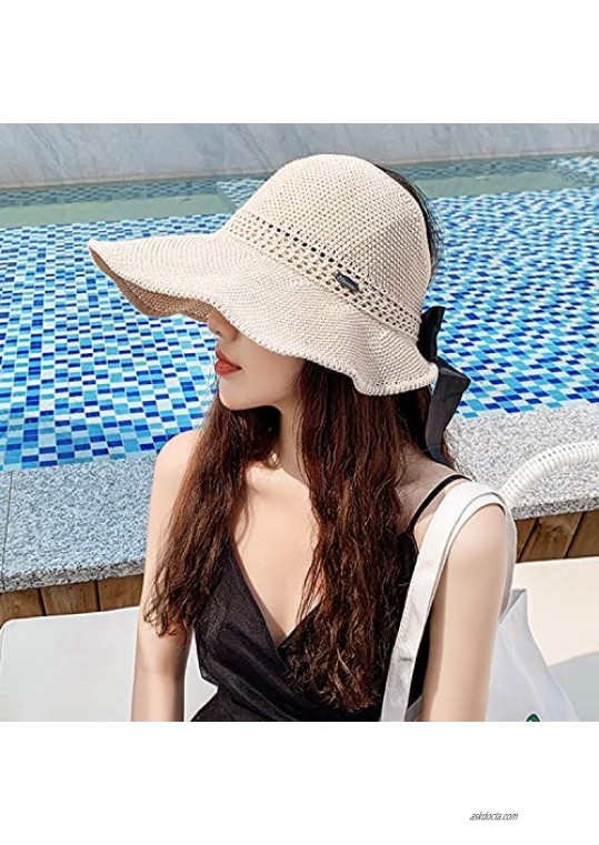 Sun Visor Hat Women Straw Wide Brim Roll Up Ponytail Summer Beach Cap
