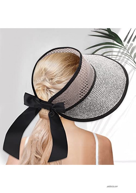 Sun Visor Hats for Women Wide Brim Straw Roll Up Ponytail Summer Beach Hat UV Packable Foldable Travel