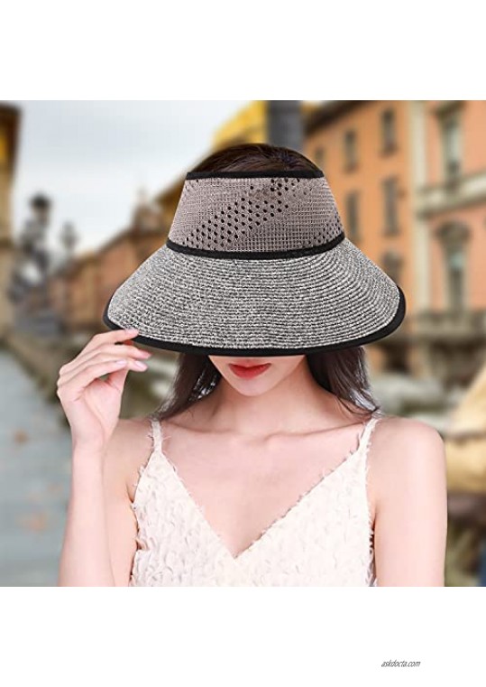 Sun Visor Hats for Women Wide Brim Straw Roll Up Ponytail Summer Beach Hat UV Packable Foldable Travel