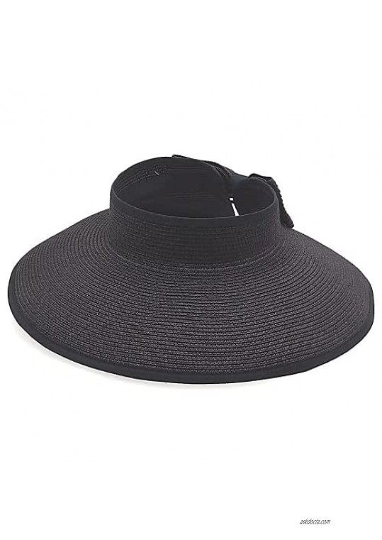 Sun Visors for Women Ribbon Binding Foldable Straw Sun UV Protection Wide Brim Adjustable Floppy Beach Sun Hats