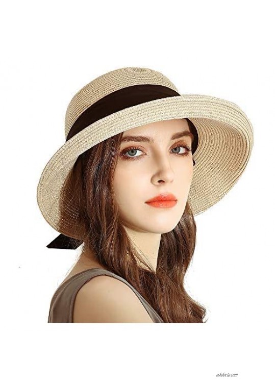 URSFUR Women Sun Wide Brim Straw Panama Hat Fedora Beach Roll up Cap UPF50+